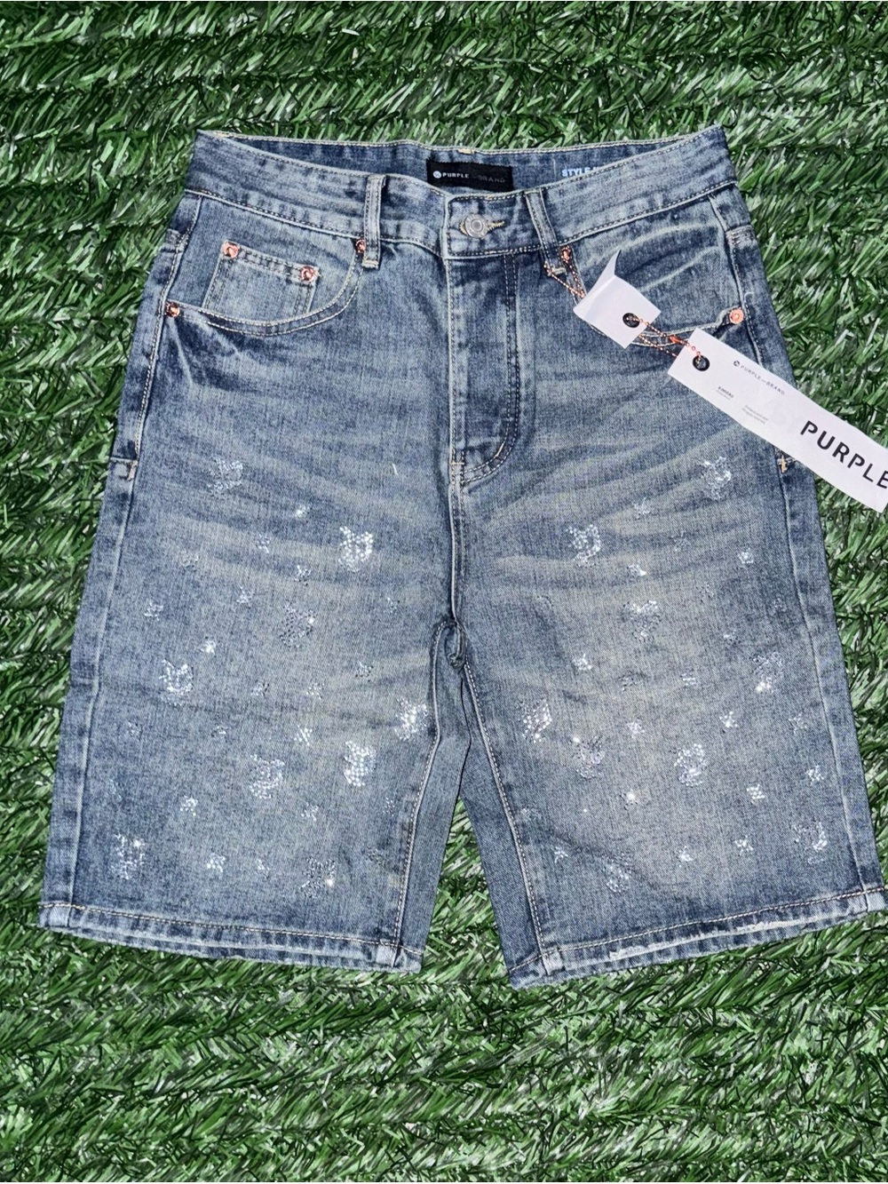 Purple Label Men’s Distressed Light Blue Denim Shorts